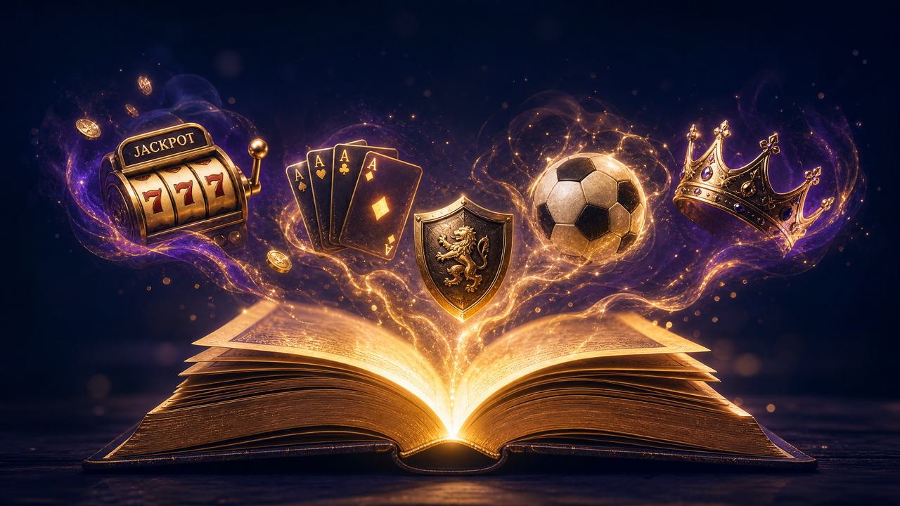 Ilustrasi buku cerita emas dengan ikon permainan — cerita brand Slot39