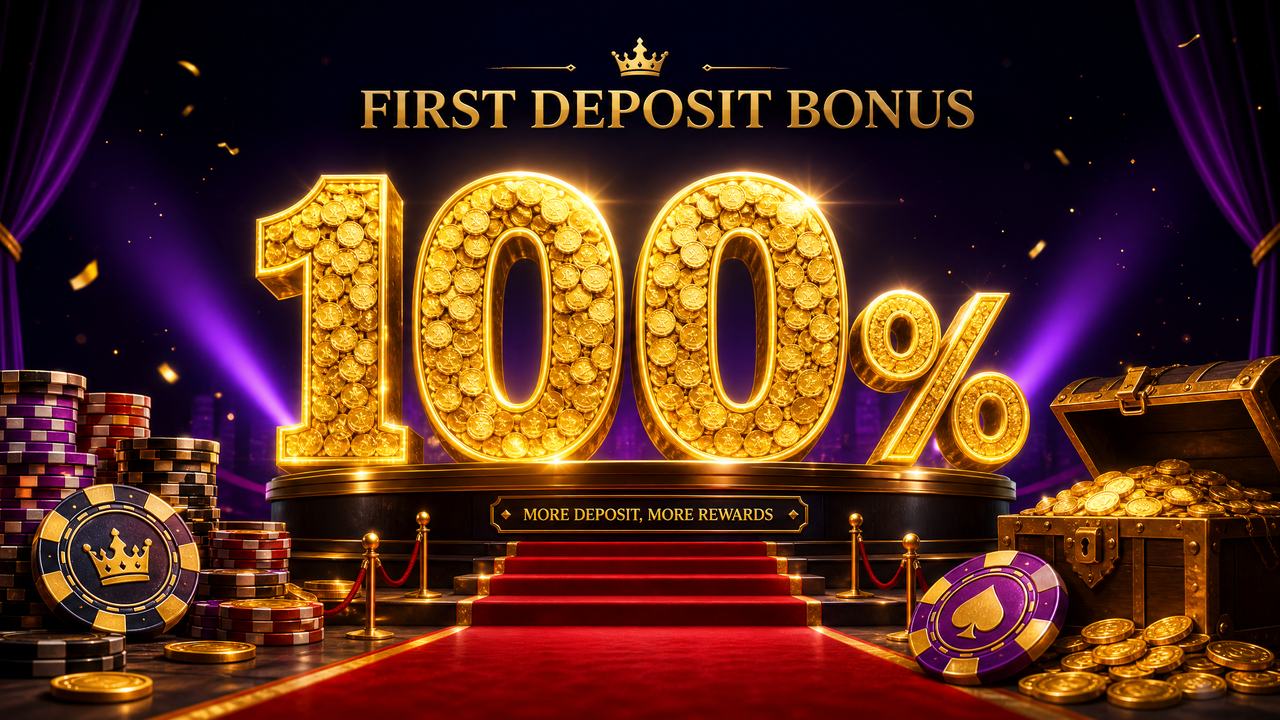 Angka 100% emas di atas panggung dengan karpet merah dan peti koin