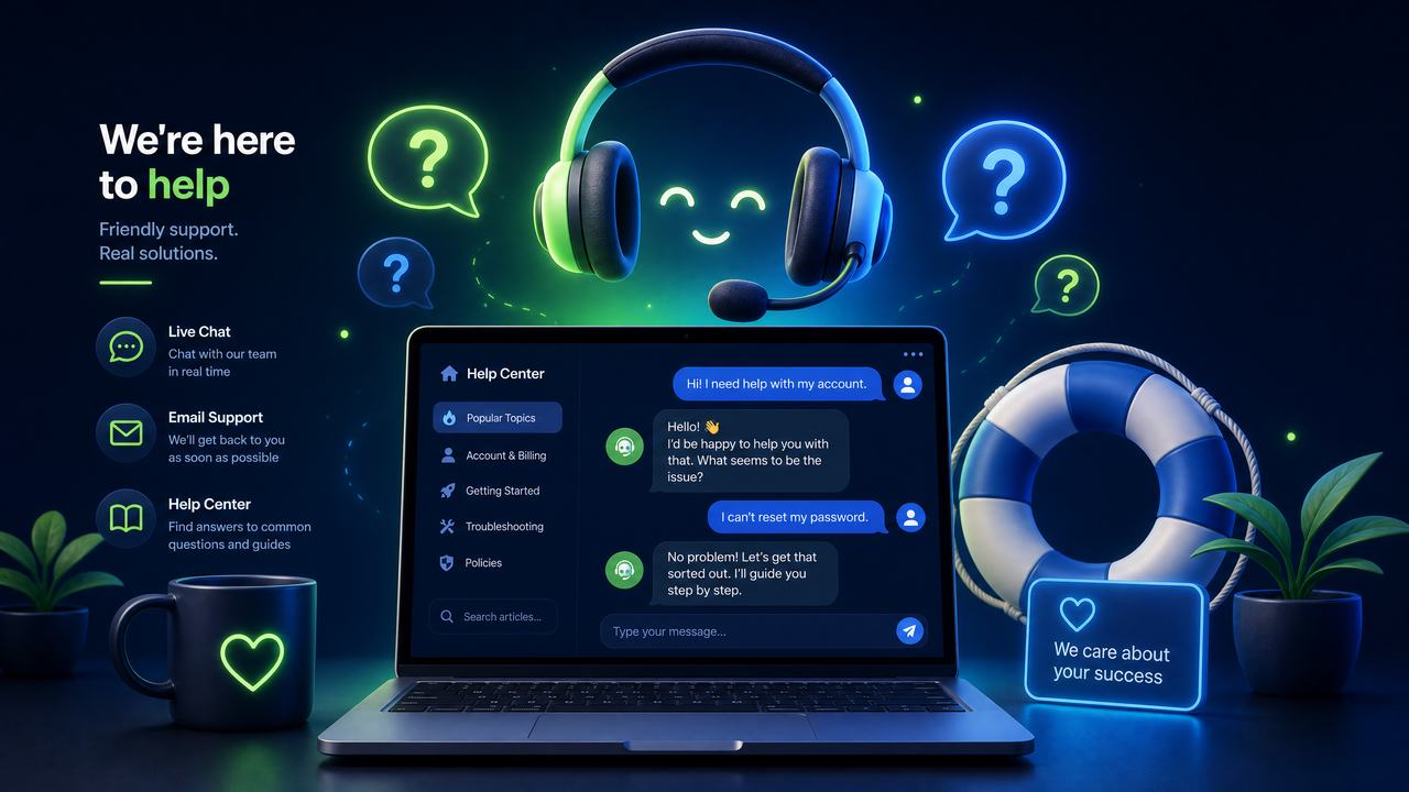 Headset dukungan pelanggan di atas laptop dengan gelembung chat
