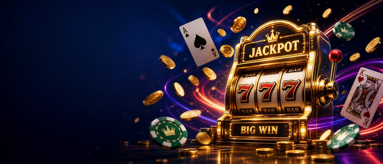 Ilustrasi mesin slot emas dengan koin dan kartu — suasana lobi kasino Slot39