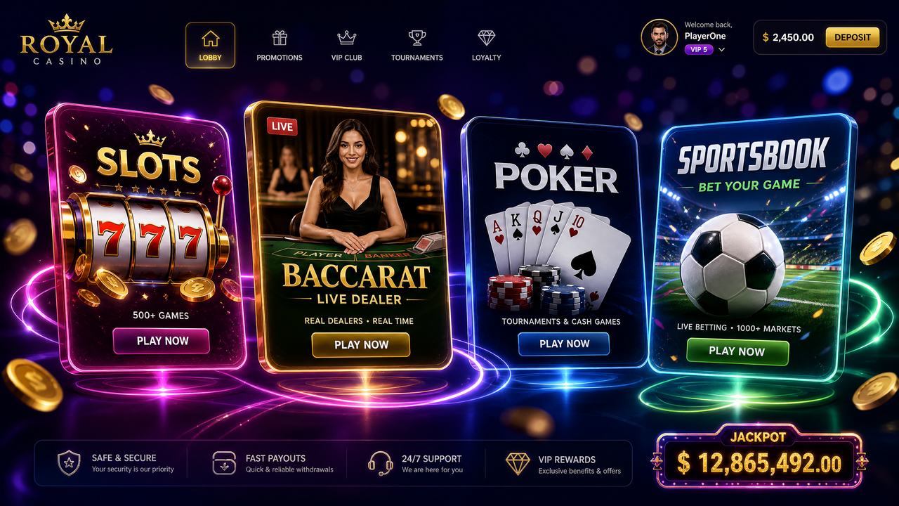 Ilustrasi lobi permainan kasino online dengan empat kategori utama