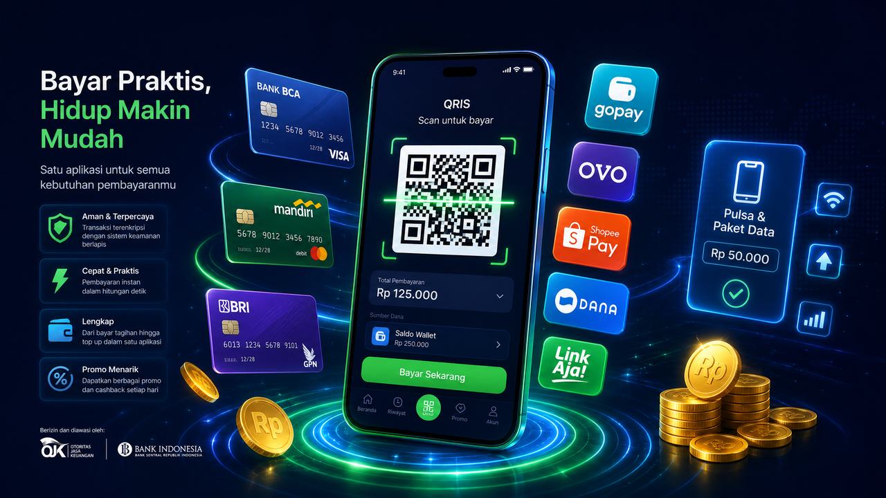 Ponsel dengan pemindaian QRIS dikelilingi ikon bank dan e-wallet Indonesia
