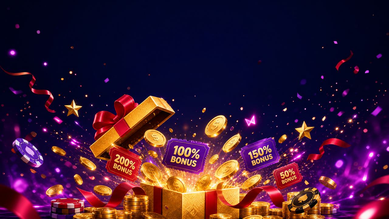 Kotak hadiah emas dengan koin dan label bonus — promosi Slot39