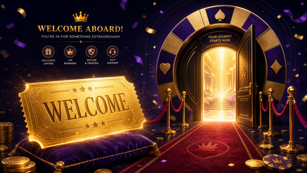 Tiket emas WELCOME dan pintu masuk kasino dengan karpet merah